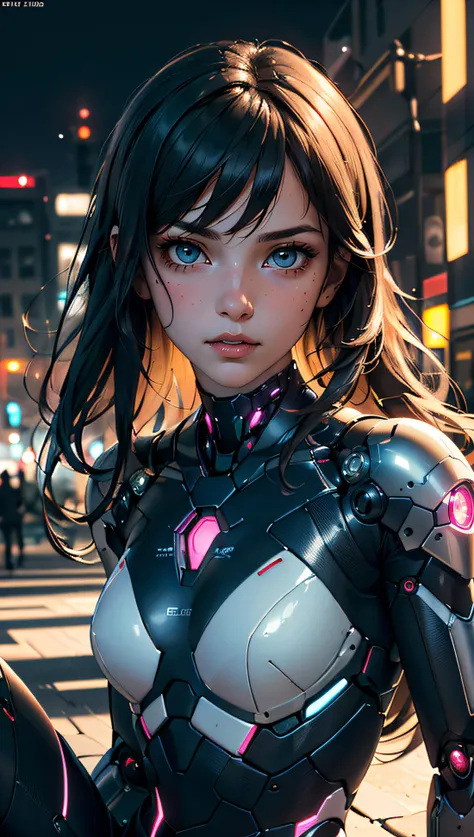 (best quality, masterpiece, colorful, dynamic angle, highest detailed)upper body photo, full body photo, fashion photography of cute 1girl, mechanical arms, cyborg, dark mood, dystopia, glowing, looking at viewer, sitting, long hair, bokeh (intricate details, hyperdetailed:1.15), detailed, light passing through hair, (official art, extreme detailed, highest detailed),