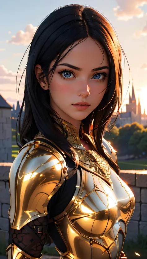 Portrait of a girl, the most beautiful in the world, (medieval gold armor), metal reflections, upper body, outdoors, intense sunlight, far away castle, professional photograph of a stunning woman detailed, perfect bobbed sexy intense black hair, sharp focus, dramatic, award winning, cinematic lighting, volumetrics dtx, (film grain, blurry background, blurry foreground, bokeh, depth of field, sunset,interaction, Perfect chainmail), (masterpiece), (extremely intricate:1.3), (ultra realistic),