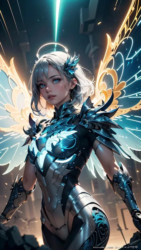(best quality, masterpiece, colorful, dynamic angle, highest detailed)upper body photo, full body photo, fashion photography of cute mechangel, glowing 4 wings, solo, glowing armor, glowing halo, building, glowing mechanical 4 wings (intricate details, hyperdetailed:1.15), detailed, light passing through hair, (official art, extreme detailed, highest detailed), HDR+