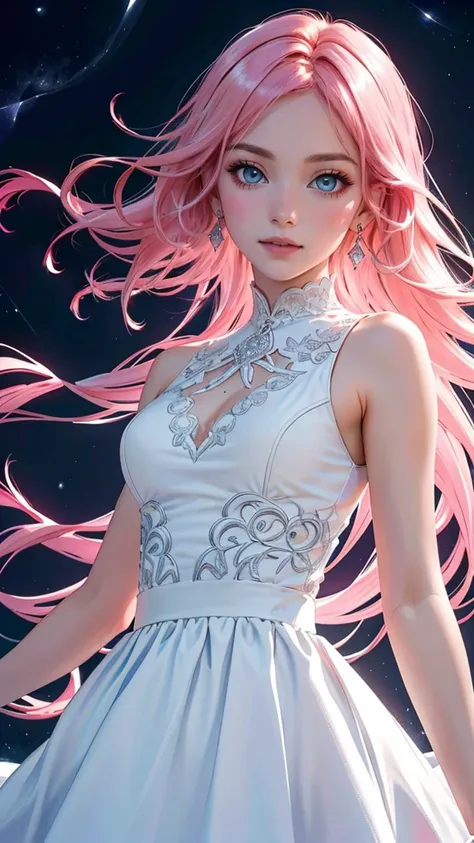(best quality, masterpiece, colorful, highest detailed) upper body photo, fashion photography of cute (Creamy Mamy), idol, curly pink hair, perfect eyes shape, in high detailed white gothic-suit, (ultra-detailed gothic-dress), sleeveless top, short wide skirt, (light smile:0.3), moonlight passing through hair, (night beautiful background:1.3), (intricate details), (dynamic angle)