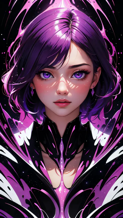 only face portrait, macro, a vampire girl next to a black bat portrait, jaw open roaring, red skin with light and glitter, short fire hair with red skulls on hair, snake lightening eyes with one eye closed, cosmos eyes, next to a black spider, highly detailed fur (vectorized) yellow lightening eyes, detailed skin, image is compelling with dynamic composition and dark posing. Include many fantasy details such as bumps, phantasmal iridescence, glitter, galaxy, cosmos, fire, ((dark celestial , void cosmic body)), (((dark background))), (((lights off))), (((hollywood dark))), horror, dramatic shadows, (in a dark fantasy space:1.3, glitter, sparkle, gleam) vector digital illustration, ()sharp