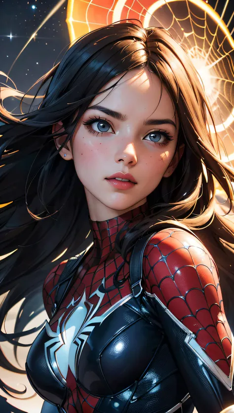 (best quality, masterpiece, colorful, dynamic angle, highest detailed) upper body photo, fashion photography of cute, intense long red hair, \Mary Jane\ in spiderman suit, (ultrahigh resolution textures), in dynamic pose, bokeh, glowing web, (intricate details, hyperdetailed:1.15), detailed, moonlight passing through hair, perfect night, colorful poster art flat background, (official art, extreme detailed, highest detailed), HDR