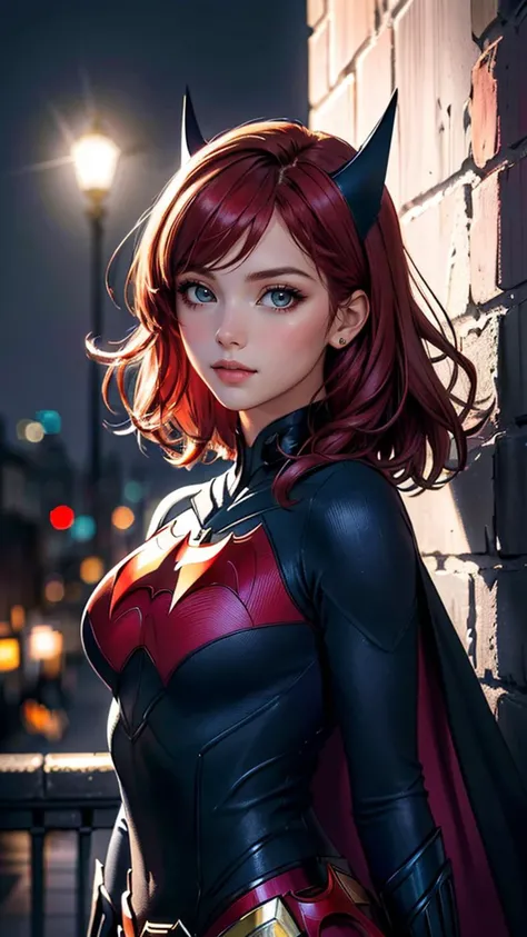 (best quality, masterpiece, colorful, dynamic angle, highest detailed)(Batwoman), upper body photo, fashion photography of cute girl (Batwoman), dressing high detailed Batwoman suit (high resolution textures), short hair, red hair, in dynamic pose, bokeh, (intricate details, hyperdetailed:1.15), detailed, moonlight passing through hair, perfect night, (fantasy background), (official art, extreme detailed, highest detailed), HDR+