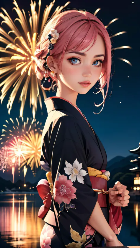 (best quality, masterpiece, colorful, dynamic angle, highest detailed) Realistic photo, fashion photography of a cute European girl with iridiscent pink hair, flirting with POV, in traditional japanese gold&black kimono, ultra detailed kimono textures, perfect night, kyoto, fireworks, (intricate details, hyperdetailed:1.15), detailed, moonlight passing through hair, (official art, extreme detailed, highest detailed), HDR+