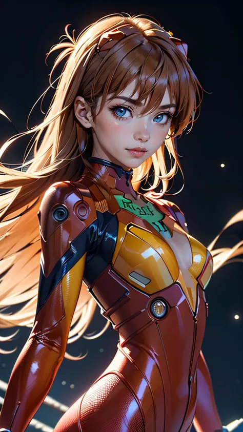 (best quality, masterpiece, colorful, highest detailed) upper body photo, fashion photography of cute (Asuka Langley), in high detailed textured Evangelion red plugsuit, (ultra-detailed body), (light smile:0.3), moonlight passing through hair, (colorful background:1.3), (intricate details), (dynamic angle)