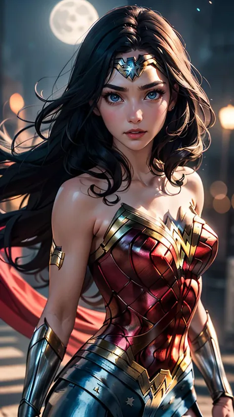 (best quality, masterpiece, colorful, dynamic angle, highest detailed)(Wonder Woman), upper body photo, fashion photography of cute black long hair girl (Wonder Woman), dressing high detailed Wonder Woman suit (high resolution textures), in dynamic pose, bokeh, (intricate details, hyperdetailed:1.15), detailed, moonlight passing through hair, perfect night, (fantasy background), (official art, extreme detailed, highest detailed), HDR+