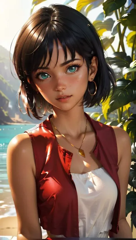 (best quality, masterpiece, colorful, dynamic angle, highest detailed, hyper realistic)(Nadia la Arwall), upper body professional photo, fashion photography of cute dark purple bob-cut hair, dark-skinned, girl ((Nadia la Arwall)), intense green eyes, gold triple neck ring, necklace, strapless, white tube top, red vest (high resolution textures), in dynamic pose, bokeh, (intricate details, hyperdetailed:1.15), detailed, sunlight passing through hair, (Caraibbian beach island background)(high contrast, official art, extreme detailed, highest detailed,natural skin texture, hyperrealism, soft light, sharp, perfect face) <lora:Nadia:0.6>