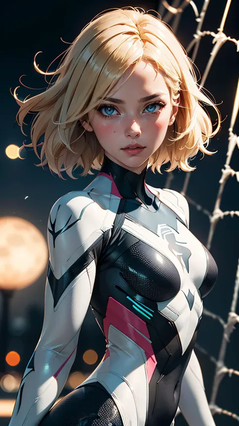 (best quality, masterpiece, colorful, dynamic angle, highest detailed) upper body photo, fashion photography of cute, intense short blonde hair, \Gwendolyne Maxine Stacy\ Spider-Gwen suit, (ultrahigh resolution textures), in dynamic pose, bokeh, glowing web, (intricate details, hyperdetailed:1.15), detailed, moonlight passing through hair, perfect night, fantasy background, (official art, extreme detailed, highest detailed), HDR+