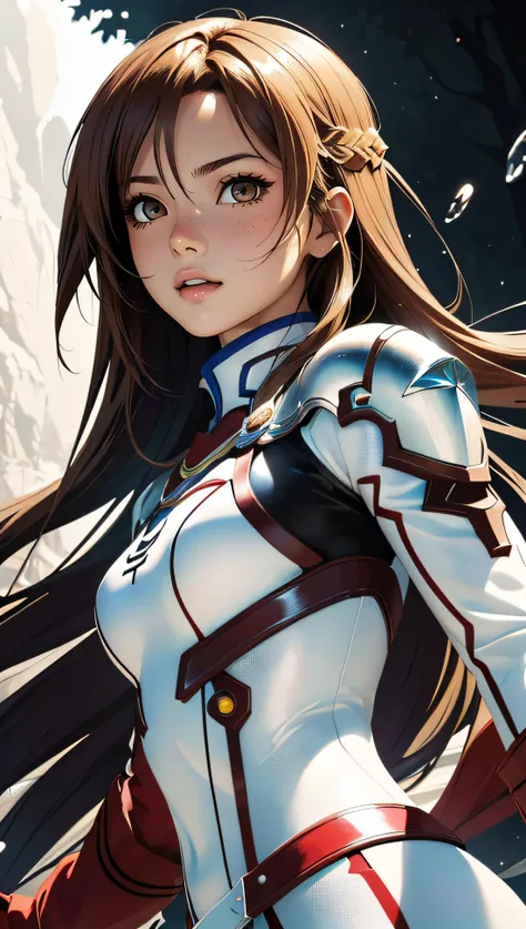 (best quality, masterpiece, colorful, dynamic angle, highest detailed)(Asuna Yuuki)\(sao\), upper body photo, fashion photography of cute light brown long hair girl,(Asuna Yuuki)\(sao\), light brown eyes, dressing high detailed white&red suit (high resolution textures), in dynamic pose, bokeh, (intricate details, hyperdetailed:1.15), detailed, sunlight passing through hair, monocromatic splash art background(high contrast, official art, extreme detailed, highest detailed),
