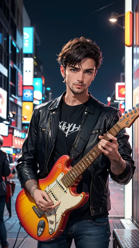 (best quality, masterpiece, colorful, highest detailed) upper body photo, fashion photography of cute photo, (1 gorgeuos italian man), in high detailed leather black jacket and jeans, short hair, photogenic, playing guitar, fender stratocaster, New York city, ultra high details, dawn, bokeh background, perfect night, (night beautiful background:1.3), (intricate details), (dynamic angle), dim colors,