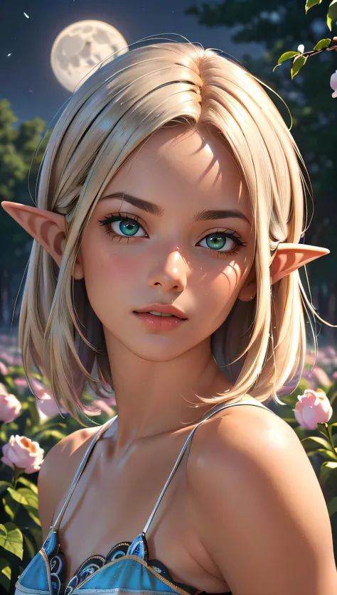 (best quality, masterpiece, colorful, dynamic angle, highest detailed)upper body photo, full body photo, fashion photography of cute unity 8k wallpaper, ultra detailed, beautiful and aesthetic, (photorealistic:1.4), (1girl), green eyes, blonde, hair ornament, short hair, blush, dynamic pose, dynamic angle, lipstick, slim, slim body, very wild shot, outdoor, detailed background, realistic, solo, perfect detailed face, naughty face, detailed eyes, highly detailed, ((fantasy forest)), ((small flowers around)), ((dark night)), ((darkness)), elf ears, full naked, short hairs, ideal bobtail, full naked, magic flowers, ((small moon)), (intricate details, hyperdetailed:1.15), detailed, moonlight passing through hair, (official art, extreme detailed, highest detailed),