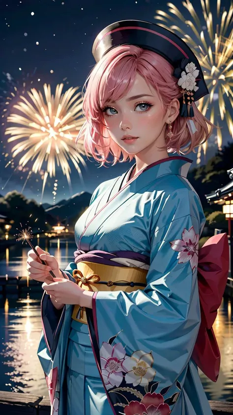 (best quality, masterpiece, colorful, dynamic angle, highest detailed) Realistic photo, fashion photography of a cute European girl with iridiscent pink hair, flirting with POV, in traditional japanese gold&black kimono, ultra detailed kimono textures, Santa Clauss hat, perfect snowing night, kyoto, fireworks, (intricate details, hyperdetailed:1.15), detailed, moonlight passing through hair, (official art, extreme detailed, highest detailed), HDR+
