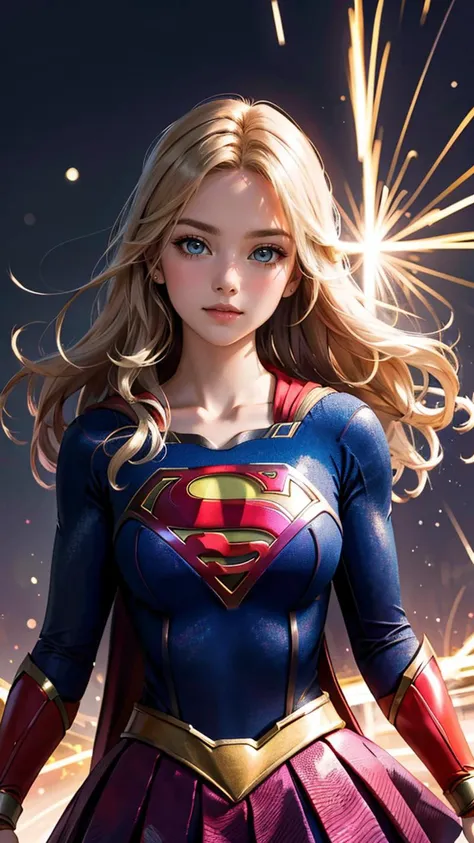 (best quality, masterpiece, colorful, dynamic angle, highest detailed)(Supergirl), upper body photo, fashion photography of cute blonde long hair girl (Supergirl), dressing high detailed Supergirl suit (high resolution textures), in dynamic pose, bokeh, (intricate details, hyperdetailed:1.15), detailed, moonlight passing through hair, perfect night, (fantasy background), (official art, extreme detailed, highest detailed), HDR+