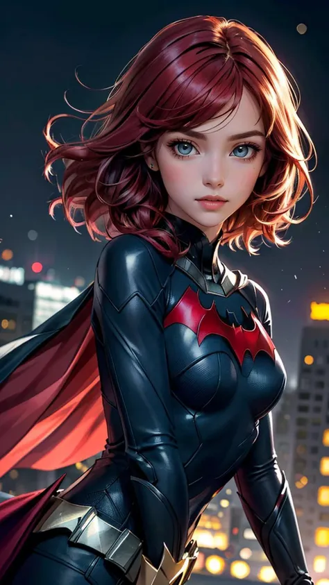 (best quality, masterpiece, colorful, dynamic angle, highest detailed)(Batwoman), upper body photo, fashion photography of cute girl (Batwoman), dressing high detailed Batwoman suit (high resolution textures), short hair, red hair, in dynamic pose, bokeh, (intricate details, hyperdetailed:1.15), detailed, moonlight passing through hair, perfect night, (fantasy background), (official art, extreme detailed, highest detailed), HDR+