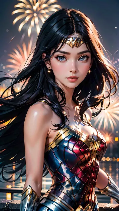 (best quality, masterpiece, colorful, dynamic angle, highest detailed)(Wonder Woman), upper body photo, fashion photography of cute black long hair girl (Wonder Woman), dressing high detailed Wonder Woman suit, celebrating the new year, Themyscira, (high resolution textures), drinking champagne, toasts, bokeh, (intricate details, hyperdetailed:1.15), moonlight passing through hair, (official art, extreme detailed, highest detailed), HDR+