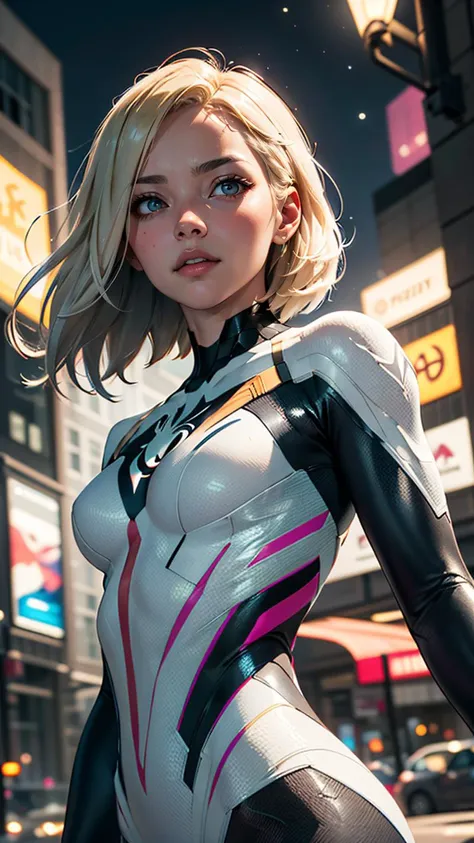 (best quality, masterpiece, colorful, dynamic angle, highest detailed) upper body photo, fashion photography of cute, intense short blonde hair, \Gwendolyne Maxine Stacy\ Spider-Gwen suit, (ultrahigh resolution textures), in dynamic pose, bokeh, glowing web, (intricate details, hyperdetailed:1.15), detailed, moonlight passing through hair, perfect night, fantasy background, (official art, extreme detailed, highest detailed), HDR+