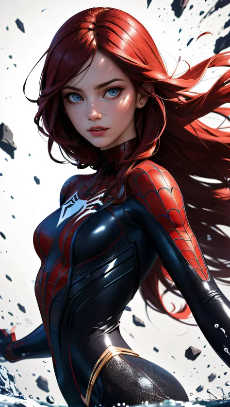 (best quality, masterpiece, colorful, dynamic angle, highest detailed)(Mary Jane Parker) upper body photo, fashion photography of cute, intense red long hair, Mary Jane in spiderman cosplay, (high resolution textures), in dynamic pose, bokeh, (intricate details, hyperdetailed:1.15), detailed, light passing through hair, splash art flat background(high contrast, official art, extreme detailed, highest detailed),