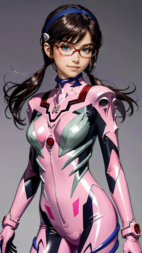 (best quality, masterpiece, colorful, highest detailed)(makinami_mari)<lora:makinami_mari_illustrious:1>(evangelion) upper body photo, fashion photography of 1girl (makinami_mari), wearing ((full pink)) evangelion full pink suit (high resolution textures), narrow red glasses, bangs, big_blue_eyes, bodysuit, breasts, cowboy_shot, narrow_red_glasses, hairband, light_smile, dark_brown_long_hair, looking_at_viewer, low_twintails, makinami_mari_illustrious, pilot_suit, green_bodysuit, plugsuit, dark_brown_hair, shiny, shiny_clothes, simple_background, skinny, solo, makinami_mari, standing, turtleneck, twintails, (high resolution textures), in dynamic pose, (intricate details), detailed, light passing through hair, splash art flat background,(official art)