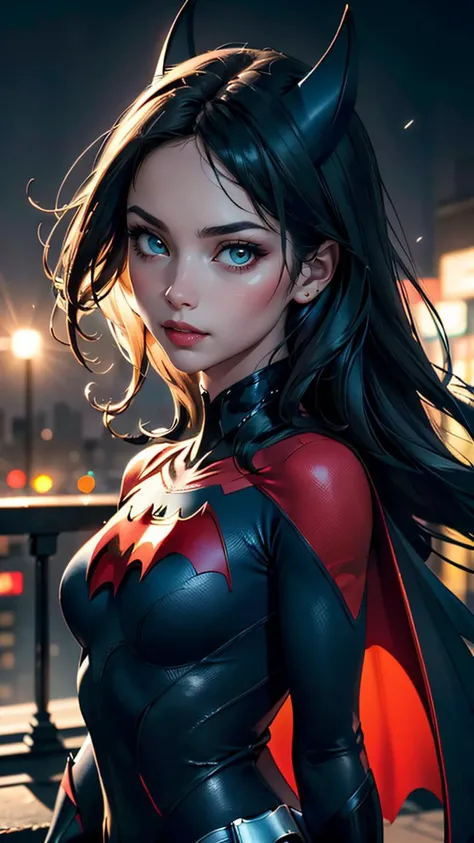 (best quality, masterpiece, colorful, dynamic angle, highest detailed)(Batwoman), upper body photo, fashion photography of cute girl (Batwoman), dressing high detailed Batwoman suit (high resolution textures), in dynamic pose, bokeh, (intricate details, hyperdetailed:1.15), detailed, moonlight passing through hair, perfect night, (fantasy background), (official art, extreme detailed, highest detailed), HDR+
