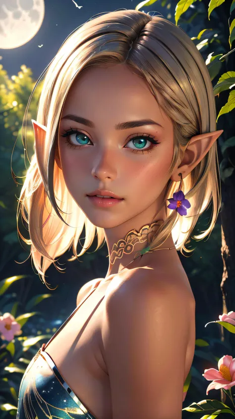 (best quality, masterpiece, colorful, dynamic angle, highest detailed)upper body photo, full body photo, fashion photography of cute unity 8k wallpaper, ultra detailed, beautiful and aesthetic, (photorealistic:1.4), (1girl), green eyes, blonde, hair ornament, short hair, blush, dynamic pose, dynamic angle, lipstick, slim, slim body, very wild shot, outdoor, detailed background, realistic, solo, perfect detailed face, naughty face, detailed eyes, highly detailed, ((fantasy forest)), ((small flowers around)), ((dark night)), ((darkness)), elf ears, full naked, short hairs, ideal bobtail, full naked, detailed nippets, magic flowers, ((small moon)), (intricate details, hyperdetailed:1.15), detailed, moonlight passing through hair, (official art, extreme detailed, highest detailed),