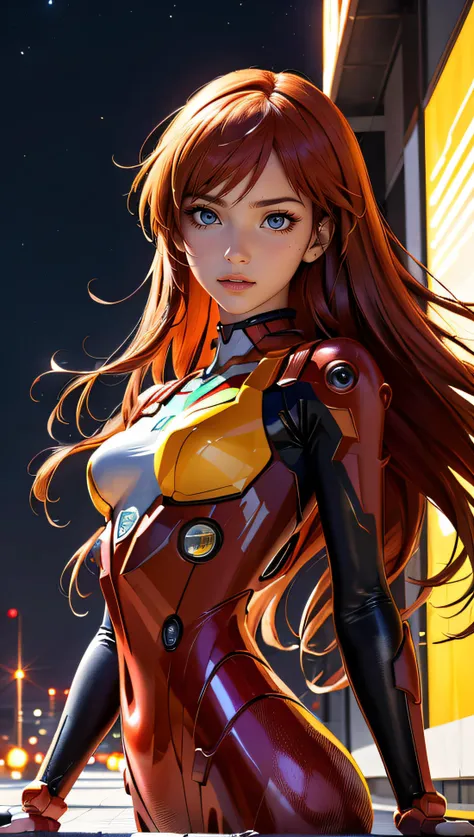 (best quality, masterpiece, colorful, dynamic angle, highest detailed)(Asuka Langley), upper body photo, fashion photography of cute red long hair girl (Asuka Langley), dressing high detailed Evangelion red suit (high resolution textures), in dynamic pose, bokeh, (intricate details, hyperdetailed:1.15), detailed, moonlight passing through hair, (digital art background), (official art, extreme detailed, highest detailed),