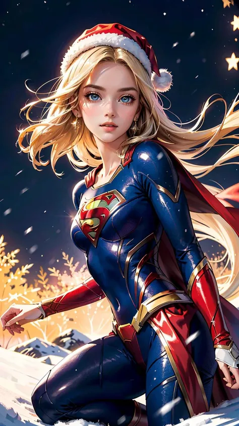 (best quality, masterpiece, colorful, dynamic angle, highest detailed)(Supergirl), upper body photo, fashion photography of cute blonde long hair girl (Supergirl), dressing high detailed Supergirl suit, Santa Clauss hat, (high resolution textures), in dynamic pose, bokeh, (intricate details, hyperdetailed:1.15), detailed, moonlight passing through hair, perfect snowing night, (fantasy background), (official art, extreme detailed, highest detailed), HDR+