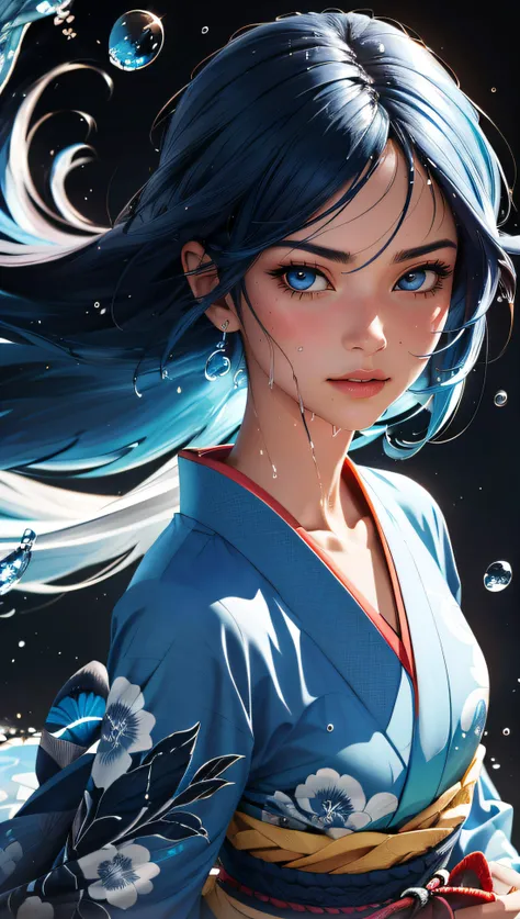(best quality, masterpiece, colorful, dynamic angle, highest detailed)full body photo, ull body photo epic realistic, (close up), 1girl, floating blue_hair, long hair, (water:0.7), waterdrop, wet, holding_katana, blue_kimono with intricate pattern, ultra detailed, (textured_clothing), black_background, (intricate details, hyperdetailed:1.15), detailed, light passing through hair, (official art, extreme detailed, highest detailed),