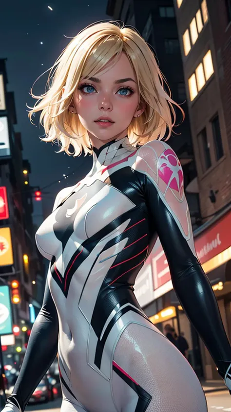 Beautiful girl, big breasts, sexy body, Curvy, (best quality, masterpiece, perfect ligthing, bloom, cinematic lighting), gwen stacy, perfect eyes, detailed eyes, upper body, full body, spider-gwen suit, bodysuit, superhero, gwen stacy, blonde hair, blue hair, short hair, animification, eyebrow piercing, (Milf), (Curvy), huge breasts, big round perfect breasts, (sexy body), sexy doll body, (((oversized breasts))), huge cleavage,nipples