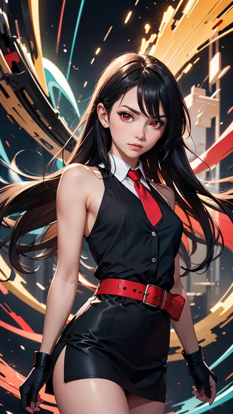 (best quality, masterpiece, colorful, dynamic angle, highest detailed) \Akame ga Kill!\, upper body shot, fashion photography of cute (Akame ga Kill!), perfect long black hair, red eyes, black dress, sleeveless, detailed white collar, black skirt, red belt around her waist, red and black gloves, long red tie, black socks, boots, (ultrahigh resolution textures), bokeh, light passing through hair, (abstract background:1.3),(official art)