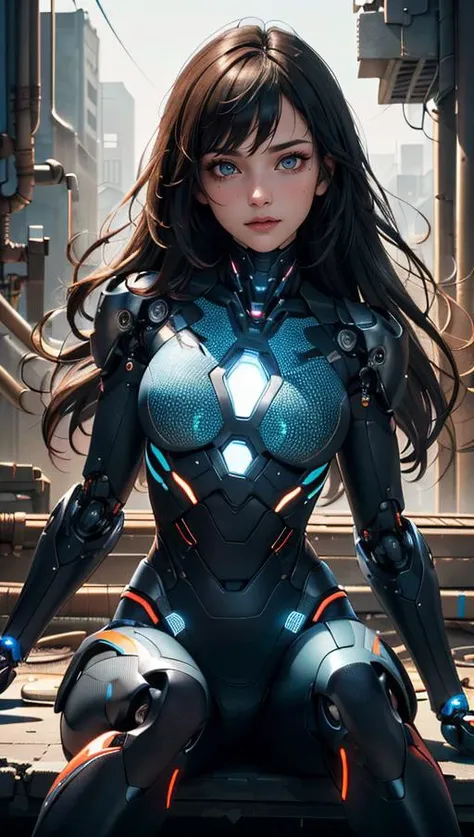 (best quality, masterpiece, colorful, dynamic angle, highest detailed)upper body photo, full body photo, fashion photography of cute 1girl, mechanical arms, cyborg, dark mood, dystopia, glowing, looking at viewer, sitting, long hair, bokeh (intricate details, hyperdetailed:1.15), detailed, light passing through hair, (official art, extreme detailed, highest detailed),