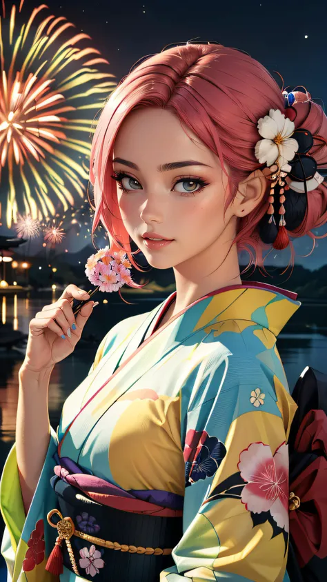 (best quality, masterpiece, colorful, dynamic angle, highest detailed)upper body photo, fashion photography of a cute marocco girl with iridiscent pink hair, flirting with POV, in traditional japanese gold&black kimono, ultra detailed kimono textures, high contrast, night, kyoto, fireworks, (intricate details, hyperdetailed:1.15), detailed, moonlight passing through hair, (official art, extreme detailed, highest detailed),