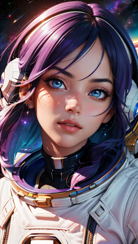 (best quality, masterpiece, perfect face, beautiful and aesthetic:1.2, colorful, dynamic angle, highest detailed face) fashion photography of cute astronaut girl with long iridiscent purple hair, in space (intricate details, hyperdetailed:1.15), detailed, sunlight passing through hair, (beautiful galaxy background), (high contrast, official space art, extreme detailed, highest detailed), HDR+