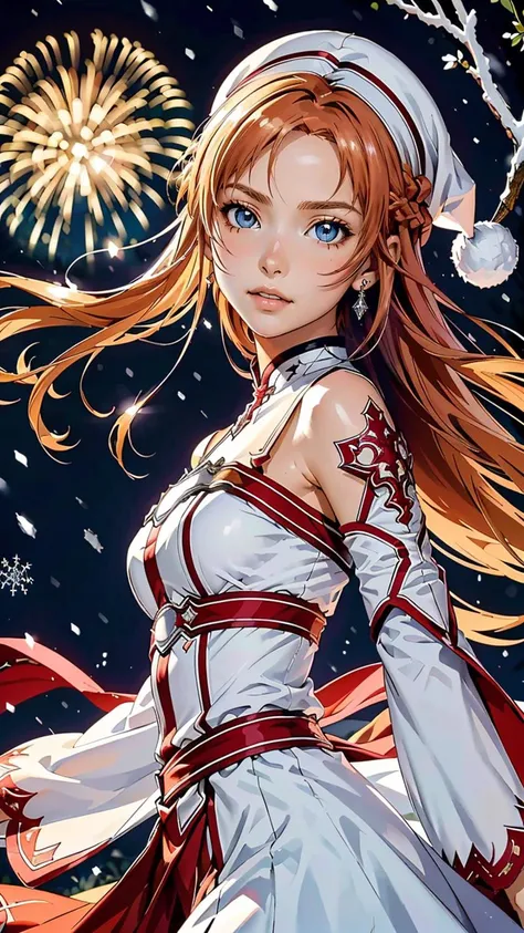 (best quality, masterpiece, colorful, dynamic angle, highest detailed) upper body photo, fashion photography of cute, intense long red hair, (\Asuna Yuuki\)\(sword art online\) <lora:asuna_(sao)_v1:0.6>,(ultrahigh resolution textures), in dynamic pose, Santa Clauss hat, bokeh, (intricate details, hyperdetailed:1.15), detailed, perfect snowing night, moonlight passing through hair, perfect snowing night, fantasy background, (official art, extreme detailed, highest detailed), HDR+