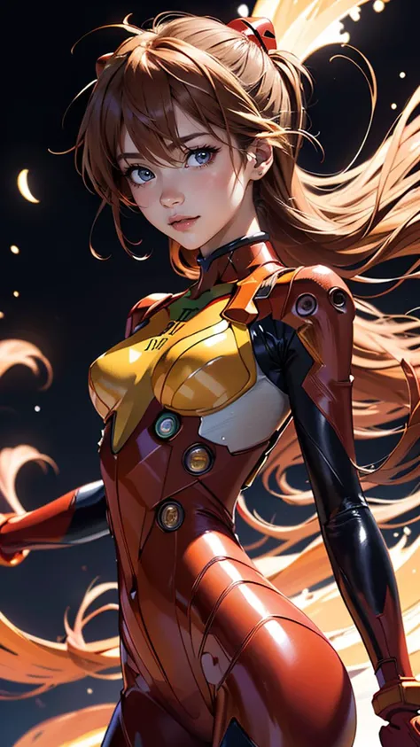 (best quality, masterpiece, colorful, highest detailed) upper body photo, fashion photography of cute (Asuka Langley), in high detailed textured Evangelion red plugsuit, (ultra-detailed body), (light smile:0.3), moonlight passing through hair, (colorful background:1.3), (intricate details), (dynamic angle)