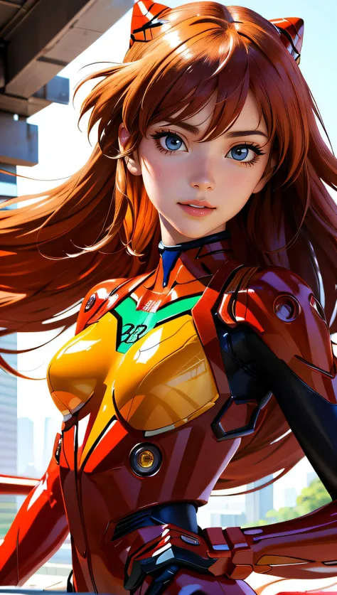 (best quality, masterpiece, colorful, dynamic angle, highest detailed)(Asuka Langley), upper body photo, fashion photography of cute red long hair girl (Asuka Langley), dressing high detailed Evangelion red suit (high resolution textures), in dynamic pose, bokeh, (intricate details, hyperdetailed:1.15), detailed, sunlight passing through hair, colorful art background, (official art, extreme detailed, highest detailed),