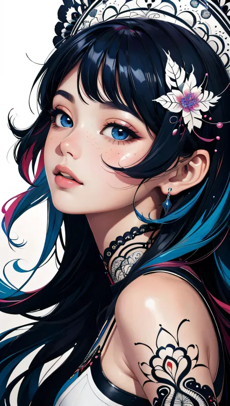 official art, unity 8k wallpaper, ultra detailed, beautiful and aesthetic, masterpiece, best quality, (zentangle, mandala, tangle, entangle), (fractal art:1.3), 1girl, extremely detailed, dynamic angle, cowboyshot, the most beautiful form of chaos, elegant, a brutalist designed, vivid colours, romanticism, by james jean, roby dwi antono, ross tran, francis bacon, michal mraz, adrian ghenie, petra cortright, gerhard richter, takato yamamoto, ashley wood, atmospheric, ecstasy of musical notes, streaming musical notes visible, white background,, ink, scenery,