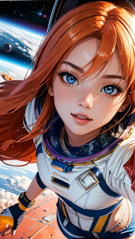 (best quality, masterpiece, beautiful and aesthetic:1.2, colorful, dynamic angle, highest detailed face) full body photo, fashion photography of cute astronaut girl with long iridiscent orange hair, in space with galaxy behind, 35mm, bokeh, 9:16, (intricate details, hyperdetailed:1.15), detailed, sunlight passing through hair, saturn planet behind, (official art, extreme detailed, highest detailed),
