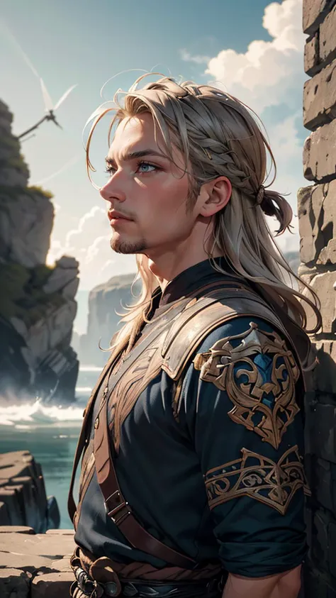 (best quality, masterpiece, colorful, highest detailed) upper body photo, fashion photography of cute a portrait of a fierce Viking man, embodying bravery and resilience in a rugged landscape, (intricate details), (dynamic angle)