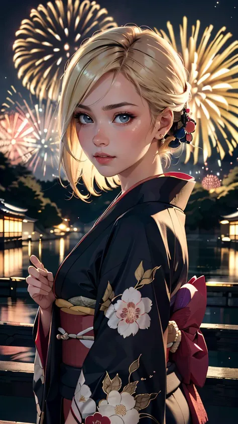 (best quality, masterpiece, colorful, dynamic angle, highest detailed) Realistic photo, fashion photography of a cute European girl with iridiscent blonde hair, flirting with POV, in traditional japanese gold&black kimono, ultra detailed kimono textures, perfect night, kyoto, fireworks, (intricate details, hyperdetailed:1.15), detailed, moonlight passing through hair, (official art, extreme detailed, highest detailed), HDR+
