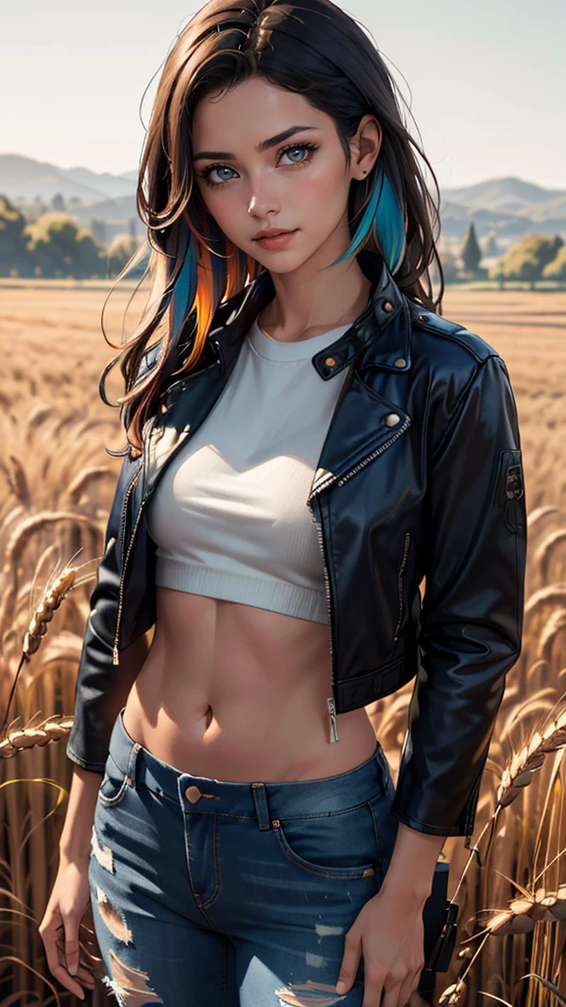 (best quality, masterpiece, colorful, highest detailed) upper body photo, fashion photography of cute (Belén Rodríguez), long, straight hair, (light smile:0.3), wearing leather jacket and ripped jeans, wheat field, picturesque, rural background, upper body shot,sharp, colorful, ultra realistic, cinematic, blue and yellow:0.85), dim colors,