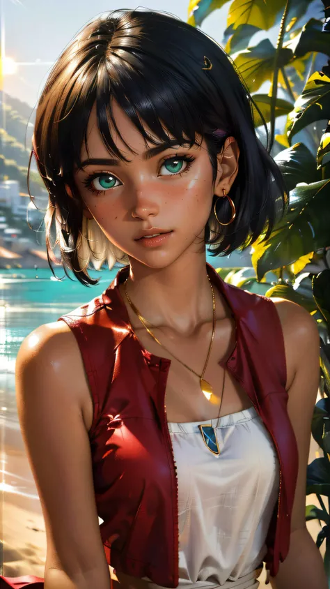(best quality, masterpiece, colorful, dynamic angle, highest detailed, hyper realistic)(Nadia la Arwall), upper body professional photo, fashion photography of cute dark purple bob-cut hair, dark-skinned, girl ((Nadia la Arwall)), intense green eyes, gold triple neck ring, necklace, strapless, white tube top, red vest (high resolution textures), in dynamic pose, bokeh, (intricate details, hyperdetailed:1.15), detailed, sunlight passing through hair, (Caraibbian beach island background)(high contrast, official art, extreme detailed, highest detailed,natural skin texture, hyperrealism, soft light, sharp, perfect face) <lora:Nadia:0.6>