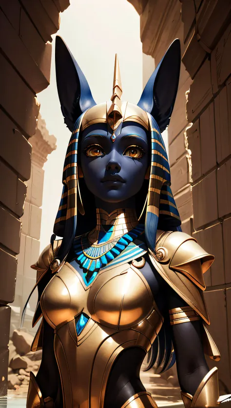 anubis welcoming you, egyptian god, ultra detailed mechanical, dark ruins, beautiful shot, cinematography, high details