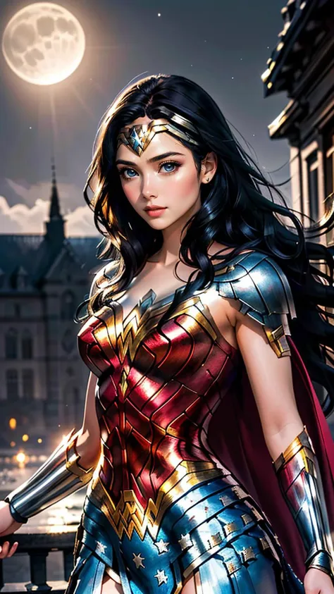 (best quality, masterpiece, colorful, dynamic angle, highest detailed)(Wonder Woman), upper body photo, fashion photography of cute black long hair girl (Wonder Woman), dressing high detailed Wonder Woman suit (high resolution textures), in dynamic pose, bokeh, (intricate details, hyperdetailed:1.15), detailed, moonlight passing through hair, perfect night, (fantasy background), (official art, extreme detailed, highest detailed), HDR+