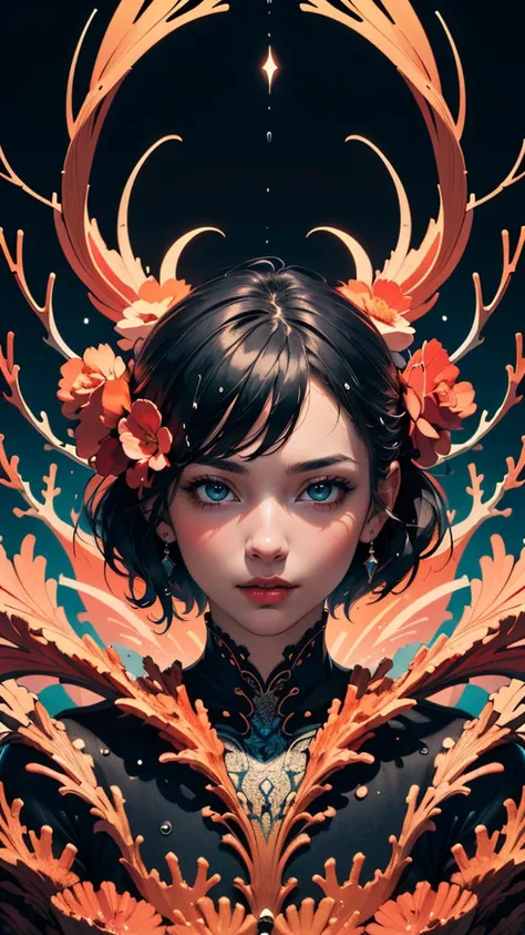 (masterpiece:1.0), (highest quality:1.12), a girl, illustration, cover art, (black:1.2), portrait , coral background, splash