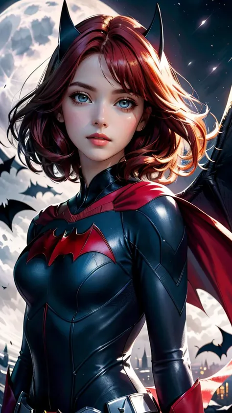 (best quality, masterpiece, colorful, dynamic angle, highest detailed)(Batwoman), upper body photo, fashion photography of cute girl (Batwoman), dressing high detailed Batwoman suit (high resolution textures), short hair, red hair, in dynamic pose, bokeh, (intricate details, hyperdetailed:1.15), detailed, moonlight passing through hair, perfect night, (fantasy background), (official art, extreme detailed, highest detailed), HDR+