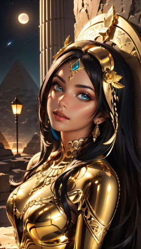 (best quality, masterpiece, colorful, dynamic angle, highest detailed) Realistic photo, fashion photography of a egyptian goddess, gold ornaments, gold reflection, flirting with POV, ultra detailed textures, perfect night, Egypt, pyramids, (intricate details, hyperdetailed:1.15), detailed, moonlight passing through hair, (official art, extreme detailed, highest detailed), HDR+