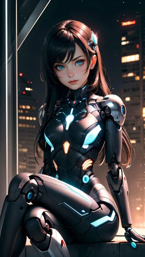 (masterpiece, best quality), 1girl, mechanical arms, cyborg, dark mood, dystopia, glowing, looking at viewer, sitting, long hair, bokeh