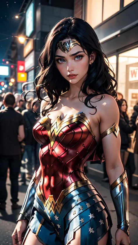 (best quality, masterpiece, colorful, dynamic angle, highest detailed)(Wonder Woman), upper body photo, fashion photography of cute black long hair girl (Wonder Woman), dressing high detailed Wonder Woman suit (high resolution textures), in dynamic pose, bokeh, (intricate details, hyperdetailed:1.15), detailed, moonlight passing through hair, perfect night, (fantasy background), (official art, extreme detailed, highest detailed), HDR+