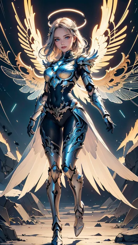 (best quality, masterpiece, colorful, dynamic angle, highest detailed)upper body photo, full body photo, fashion photography of cute mechangel, glowing 4 wings, solo, glowing armor, glowing halo, building, glowing mechanical 4 wings (intricate details, hyperdetailed:1.15), detailed, light passing through hair, (official art, extreme detailed, highest detailed), HDR+