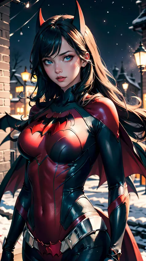 (best quality, masterpiece, colorful, dynamic angle, highest detailed)(Batwoman), upper body photo, fashion photography of cute girl (Batwoman), dressing high detailed Batwoman suit, Santa Clauss hat, (high resolution textures), in dynamic pose, bokeh, (intricate details, hyperdetailed:1.15), detailed, moonlight passing through hair, perfect snowing night, (fantasy background), (official art, extreme detailed, highest detailed), HDR+